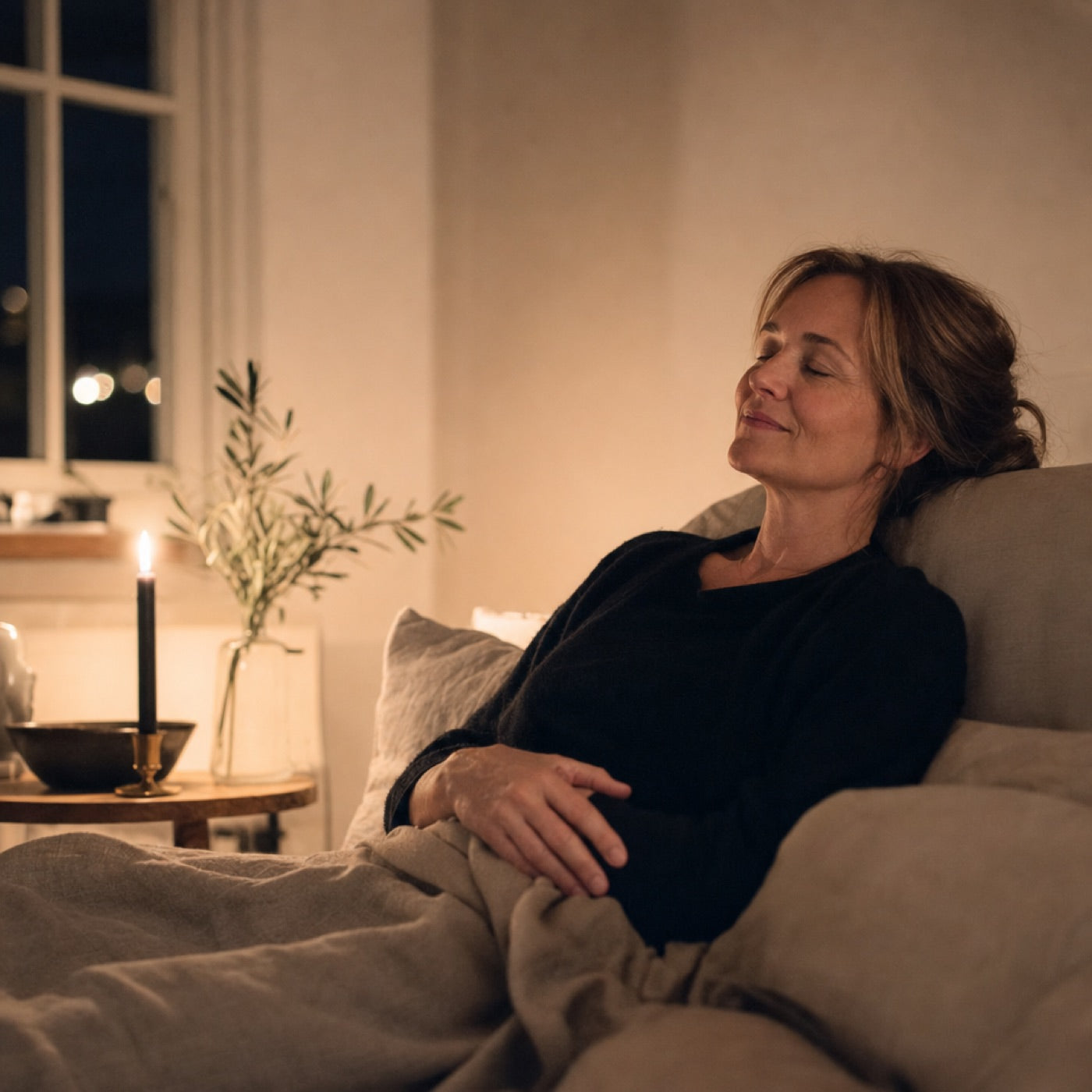 Frau kommt abends bei Kerzenlicht zur Ruhe